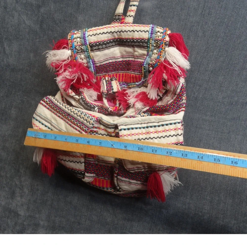 America & Beyond Boho Woven Backpack Womens Small Tassel Multicolor Festival Bag
